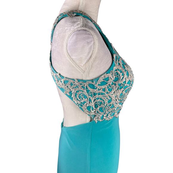 La Femme Embroidered-Bodice Prom Evening Gown Turquoise 6 Beaded - Picture 7 of 15